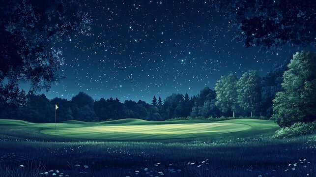 Beautiful digital rendering of golf course under night sky with glowing elements image