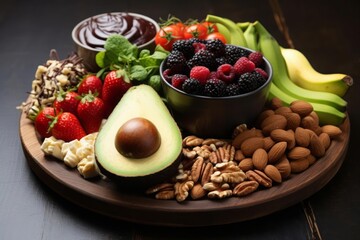 Wooden tray featuring assorted fruits, nuts, and a bowl of chocolate sauce against a dark backdrop.