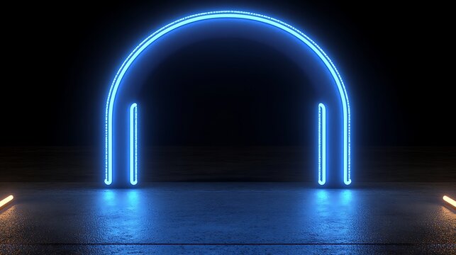 Neon headphone-shaped archway on a dark floor