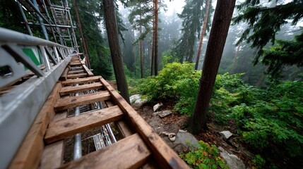 Wooden forest observation platform overlooking dense green trees and misty woodland scene in nature