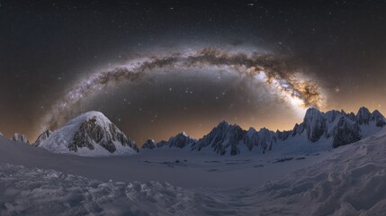 Galactic Arc Over Majestic Snow-Capped Mountain Peaks Under Night Sky