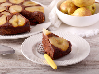 Pear chocolate upside down cake on plate