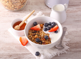 Homemade healthy granola served 0n table