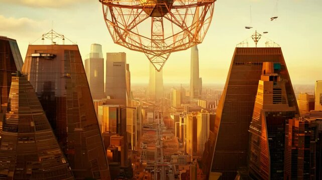 Futuristic cityscape with surreal architecture and flying structures at sunset