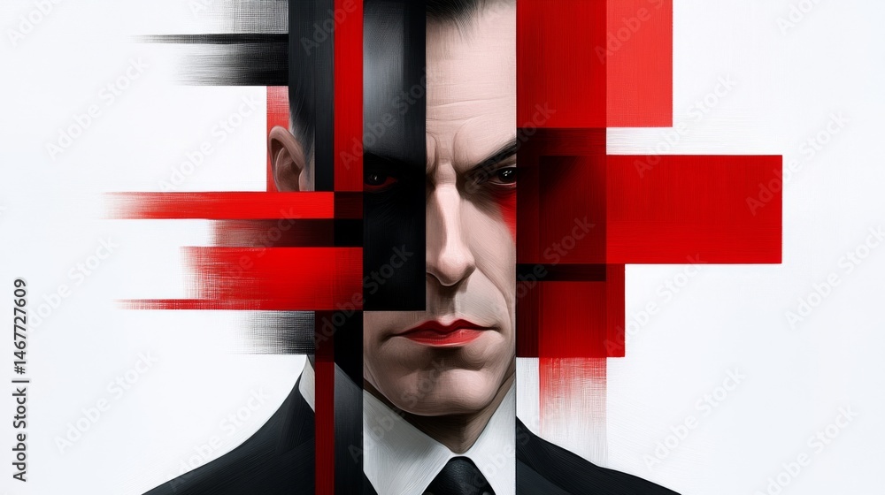 Poster abstract portrait of a man with red and black geometric patterns