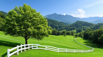 Obraz premium Lush green landscape with a white fence and mountains in the background