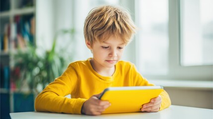 A young boy focused on online learning using a tablet at home. The bright and clean room setting highlights digital education, homeschooling, and modern technology in childhood learning