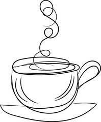 Simple Line Drawing of a Hot Cup of Coffee on a Saucer