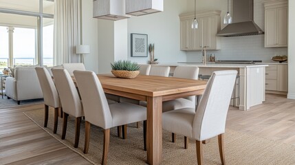 Contemporary dining space with beach view and neutral color palette