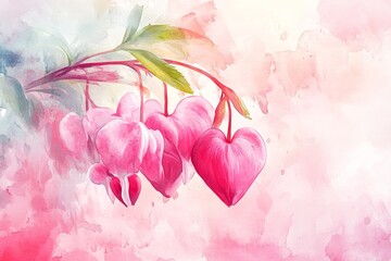 Delicate pink heart-shaped flowers in soft watercolor style.