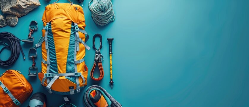 Set of mountaineering and hiking gear on vibrant color background. Top down aerial view of mountain climbing gear or equipment with colorful backdrop. Flat lay composition. Outdoor gear concept. AIG55