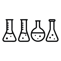 Black outline showcases four beakers containing various liquids for science with transparent backdrop