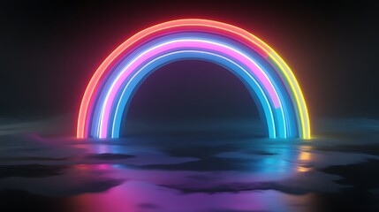 Abstract neon rainbow arch over a cloud-like floor