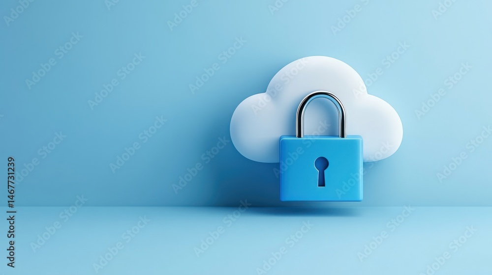 Poster cloud computing security concept with lock and blue background