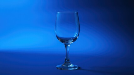 Fototapeta premium Empty wine glass on a blue background, a simple elegant still life for various uses.