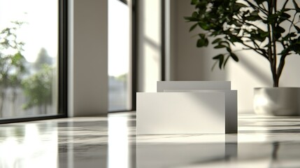Blank business cards on marble surface, modern interior