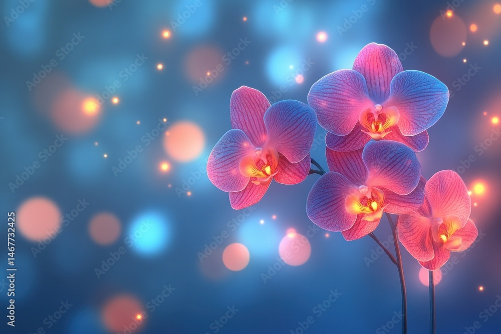 Poster delicate purple orchids with bokeh background and soft lighting