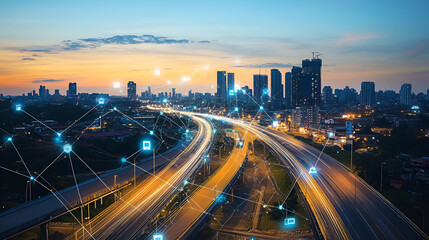 Fototapeta premium Night City Highway With Network Connections And Lights