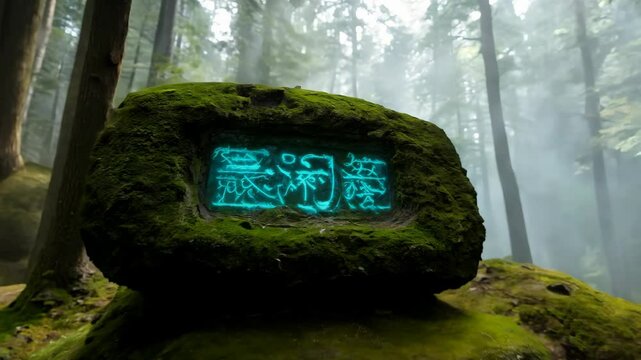 Glowing Rune Stone in Mossy Forest Glade &ndash; Closeup Ancient Magic Enchanted Scene