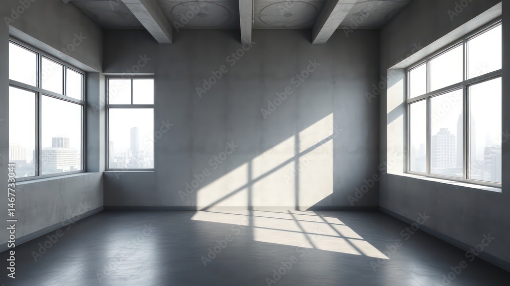 Poster sunlit empty room with concrete walls and large windows