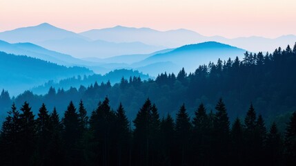 Misty mountain range at dawn