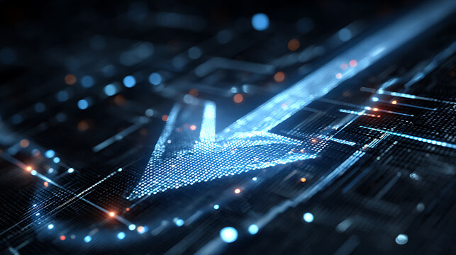 Digital Arrow Down: Glowing digital arrow pointing downwards on a circuit board background.  Represents decline, decrease or downward trend.