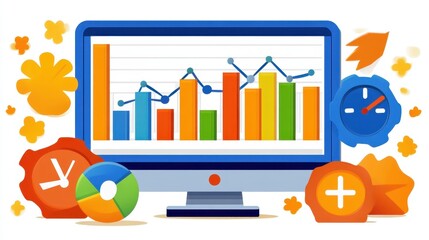 Vibrant Data Visualization Pixel Art Graphic on Screen with Playful Icons for Business Strategy and Growth Presentation Slide Deck