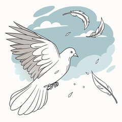 Obraz premium Soft watercolor dove icon with floating feathers and sky
