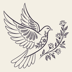 Obraz premium Elegant dove icon with floral wings in vintage etching style