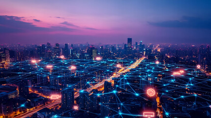 Fototapeta premium Night Cityscape with Illuminated Buildings and Network Connections