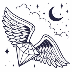 Diamond icon with wings flying over celestial night sky