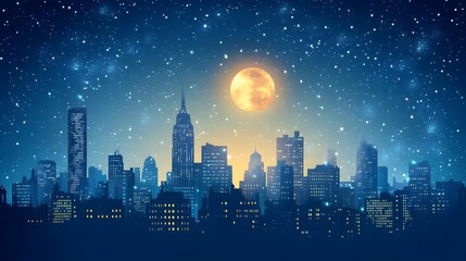Naklejka premium Digital illustration of a cityscape at night with a prominent full moon and scattered stars.