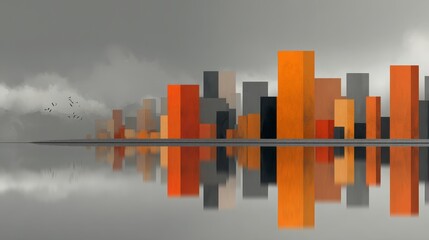 Abstract orange and gray cityscape with mirrored reflection on calm water surface.