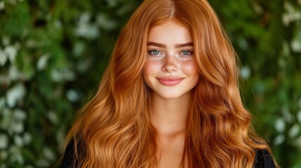 Naklejka premium Beautiful young woman with long, wavy red hair and bright blue eyes