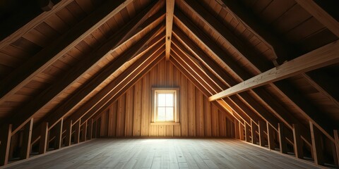Obraz premium Sunlight streams through a window in a spacious attic with exposed wooden beams and a wooden floor.