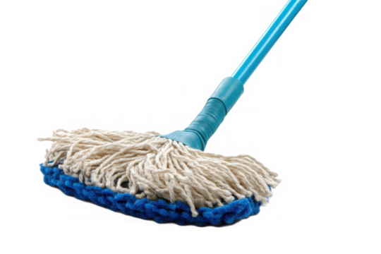 Blue mop with cotton head on transparent background
