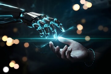 Futuristic robot hand and human hand interacting, symbolizing technological advancement.