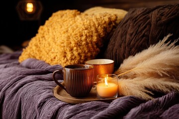 Relaxing autumn still life with burning candle and hot coffee on knitted blanket