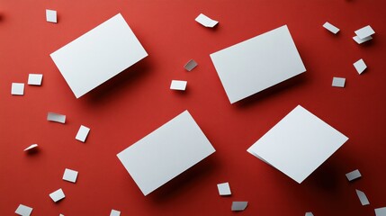 Blank business cards, red background, confetti