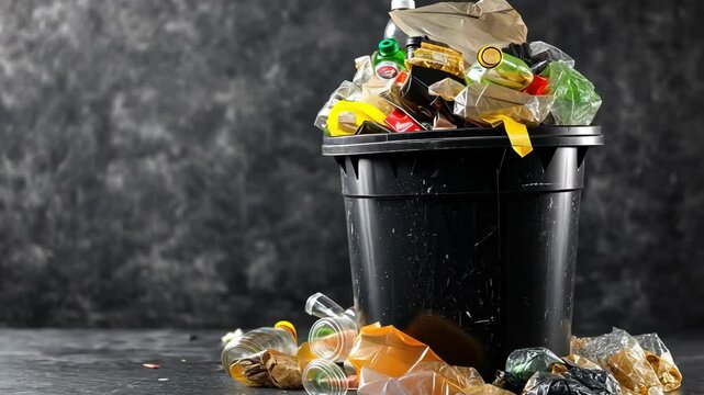 Overflowing trash bin with unsorted garbage