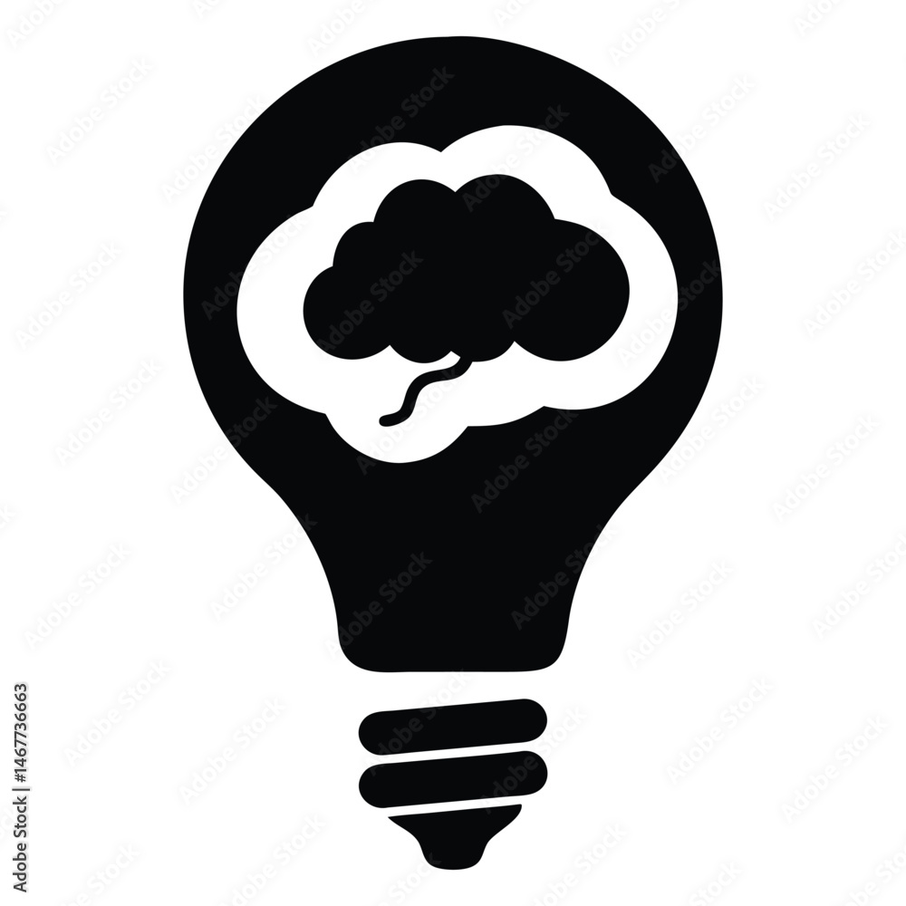 Poster conceptual thinking is represented by the human brain inside the abstract lightbulb shape