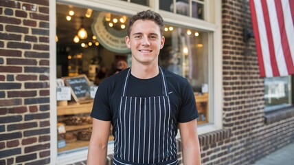 Fototapeta premium Smiling young Caucasian male baker wearing an apron, standing outside a cozy bakery with an American flag.
