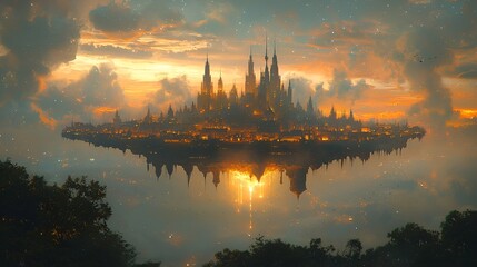 Naklejka premium Floating city at sunset, reflecting in water.