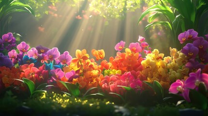 Vibrant orchid garden bathed in sunlight. Possible stock photo use  Nature scene