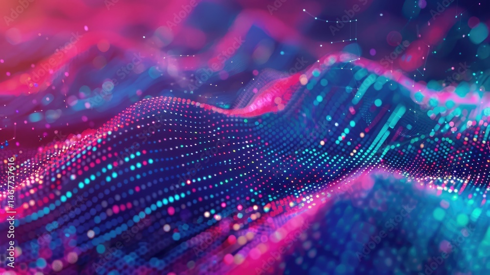 Poster abstract picture micro light sparkling particle represent data flow vivid flowing wave with high tec