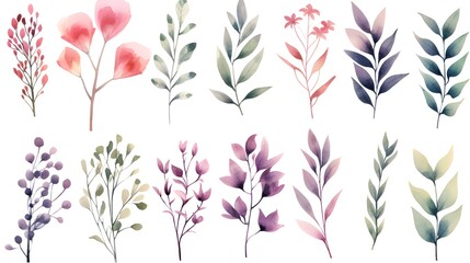 Colorful Watercolor Floral Set with Branches and Leaves for Creative Design Projects