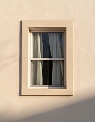 Obraz premium Editorial AI Generated - Close-up of a classic single-pane window with white frame and curtains on a smooth beige wall
