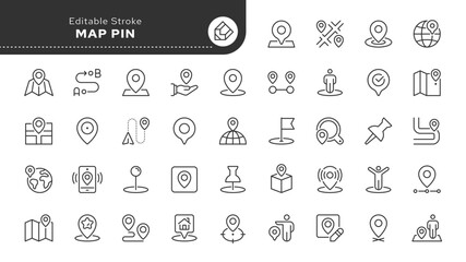 Map pin line icon set. Location, push pin, map marker, geolocation, route, flag, position, gps, address and more. Outline vector icon in linear style. Series of pictograms.	