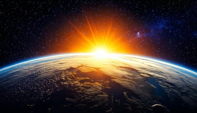 Amanecer en la Tierra desde el espacio: Iluminaci&oacute;n de la hora dorada de los planetas del cosmos contra un cielo de hermosos colores; imagen de fondo conceptual, espacio de copia, fondo de pantalla