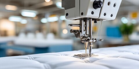 Obraz premium Sewing machine stitching pattern onto white quilted fabric, blurred interior